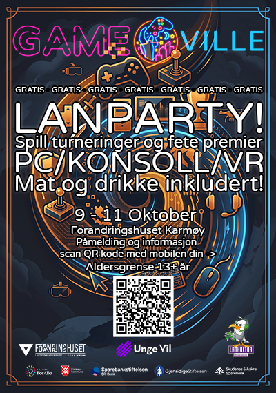 Gameville-plakat: Gratis LAN-party 9.–11. oktober på Forandringshuset Karmøy.
